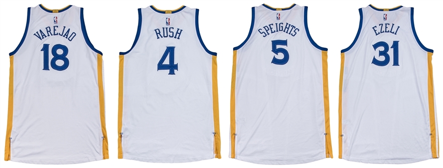 Lot of (4) Golden State Warriors 2016 Game Used Playoff Jerseys Worn On 4/16/2016: Varejao, Rush, Speights & Ezeli